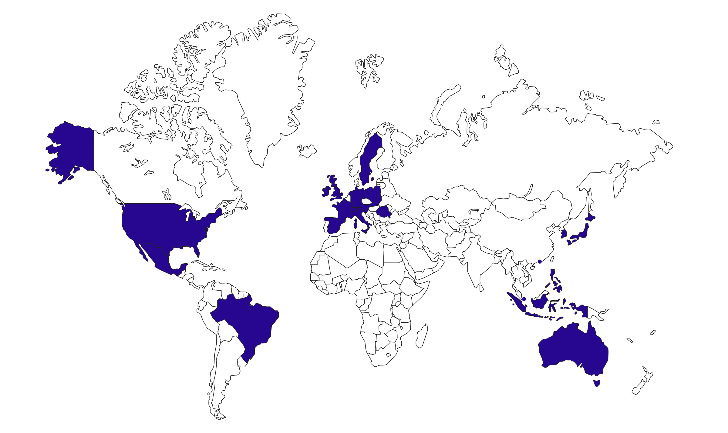 A world map highlighting countries of HR experience